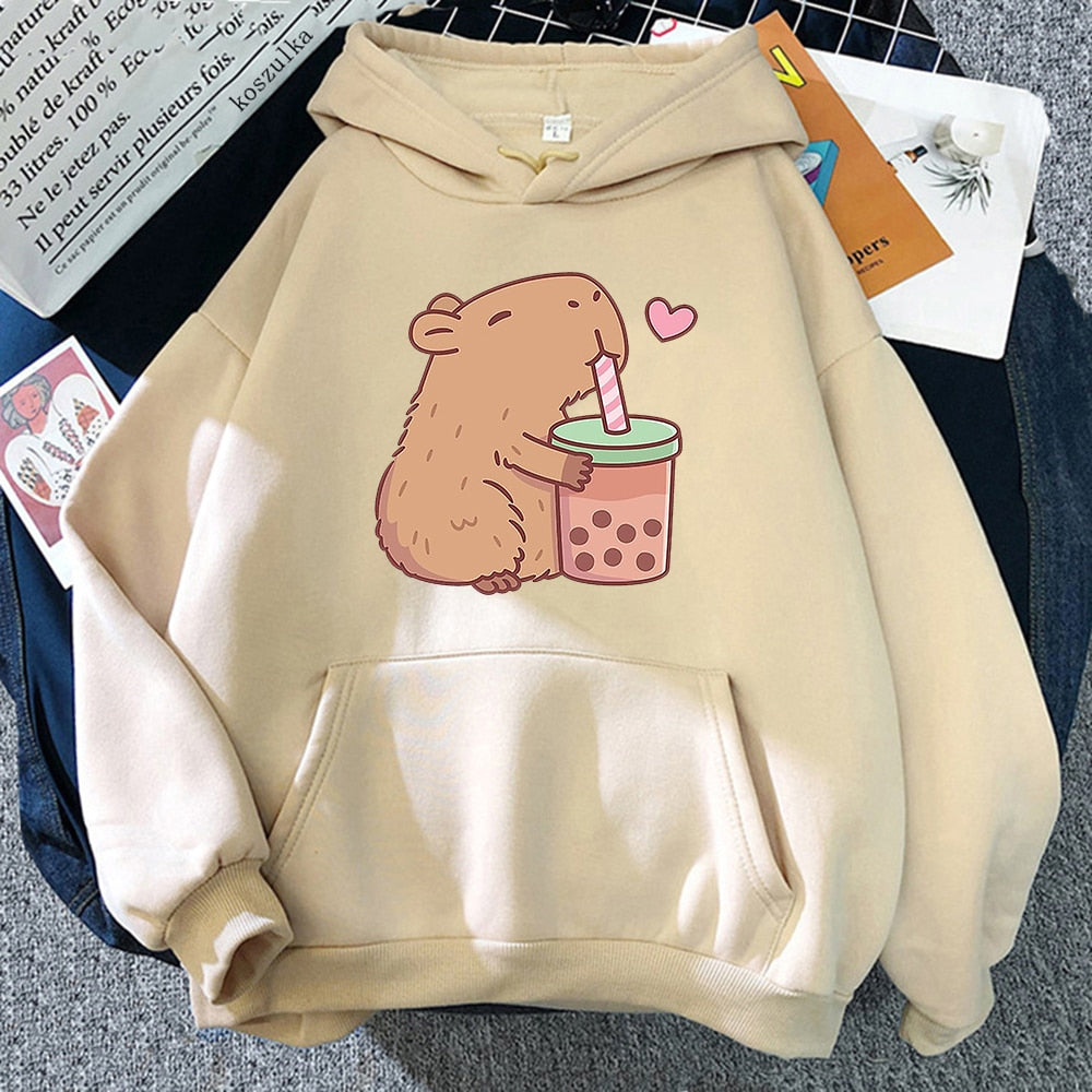 Kawaii Beige Capybara Loves Boba Tea Hoodie