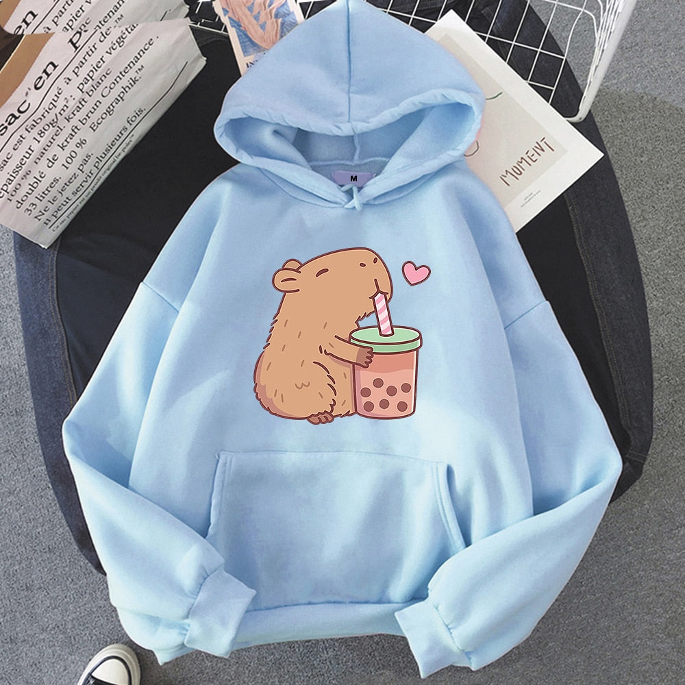 Kawaii Blue Capybara Loves Boba Tea Hoodie