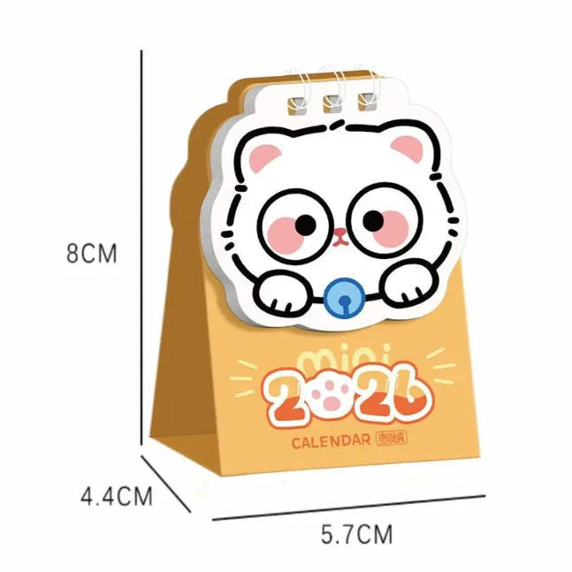 Kawaii cat desk calendar with dimensions on a white background