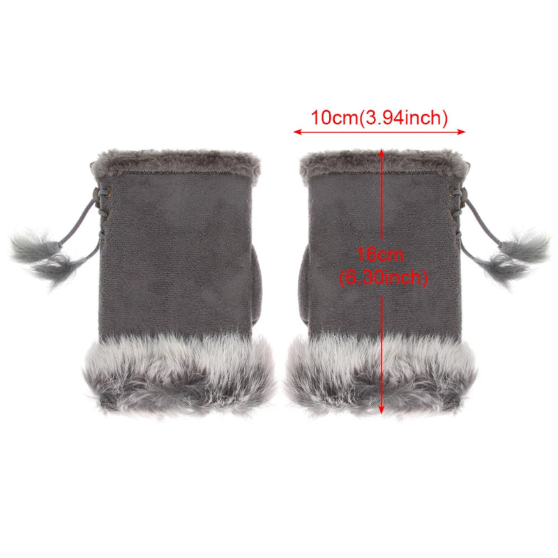 Pair of gray mittens with fur trim and measurements on a white background