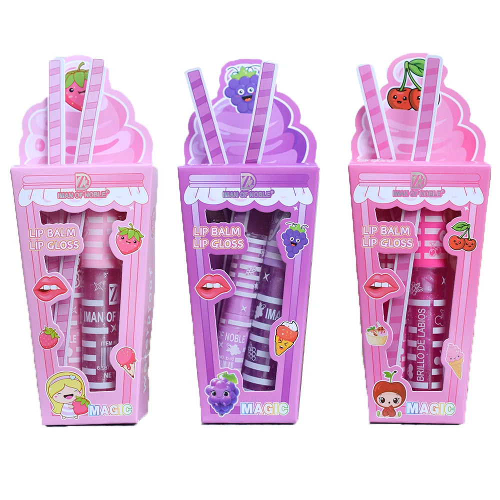 Three lip balm and lip gloss sets in pink and purple packaging with cartoon characters on a white background.