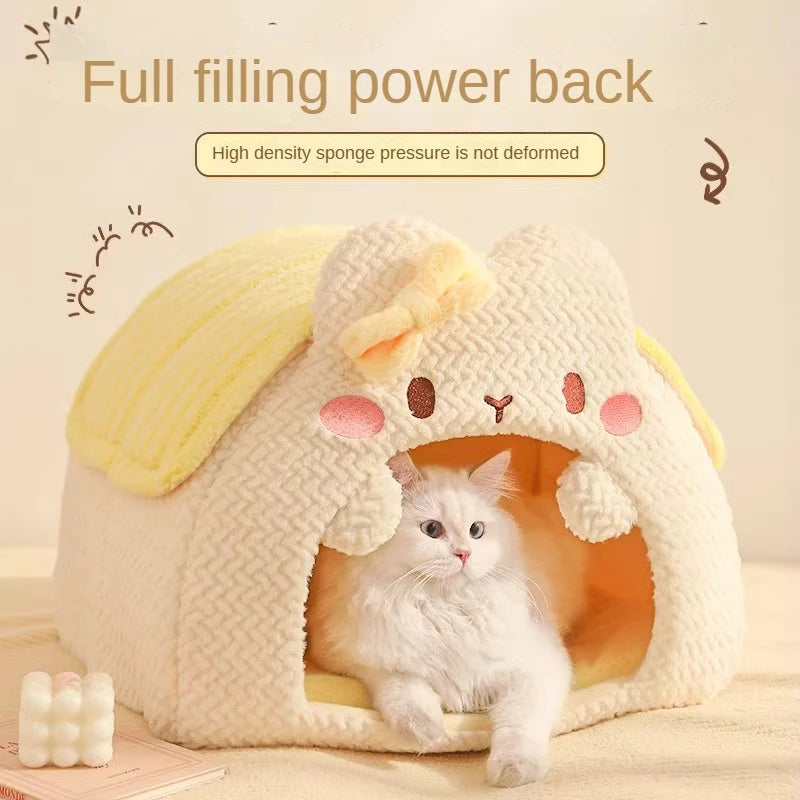 Cat lying inside a plush, kawaii cat pet bed with a soft texture.