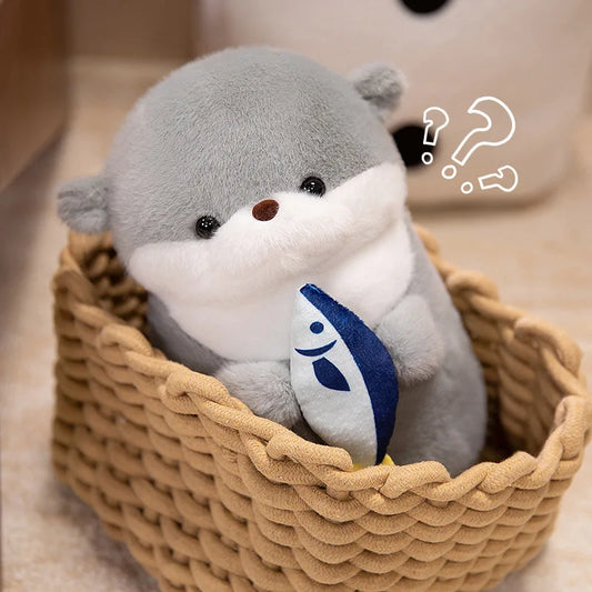 Adorable Kawaii Grey Otter Plushie holding fish