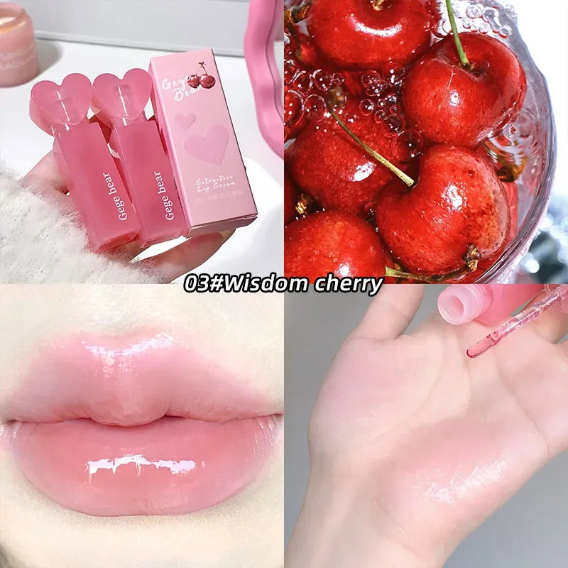 Collage of pink lip gloss packaging, lips with gloss, and cherries in water.