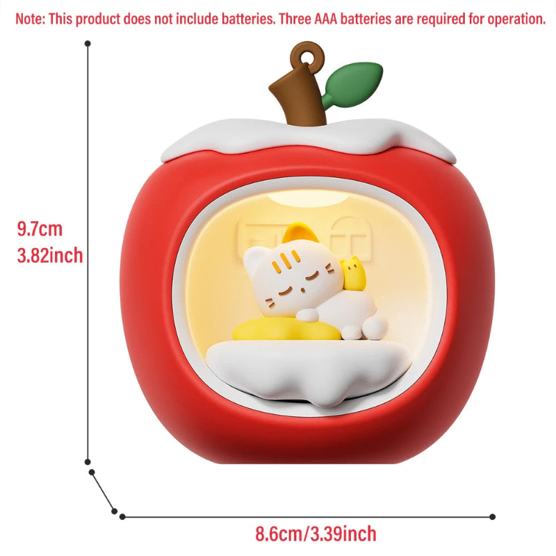Decorative product with a Kawaii cat design inside a red apple-shaped container, showing dimensions and battery information.