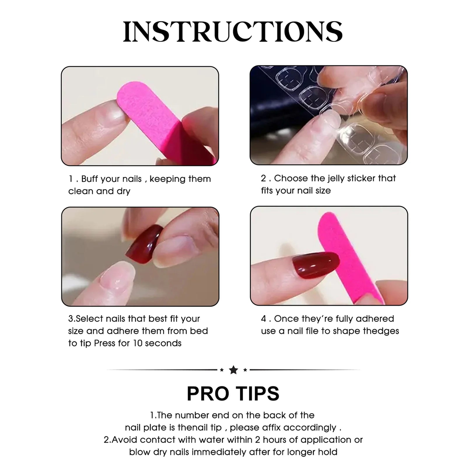 Step-by-step instructions for using nail press ons with images and text.