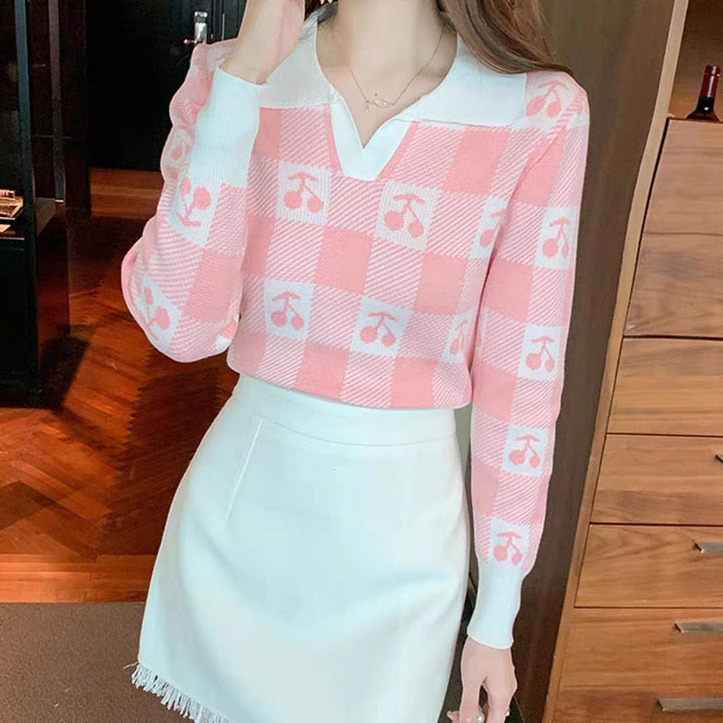 Gingham Cherry Collared Sweater