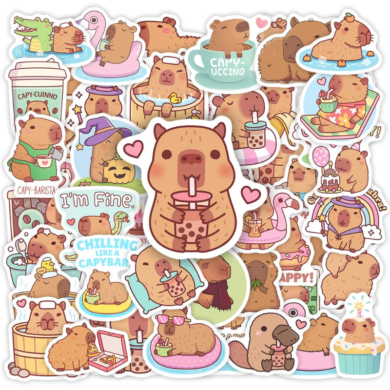 Collection of cute capybara stickers in various poses and scenarios.