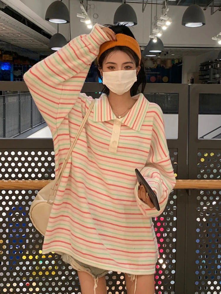 Kawaii Collared Rainbow Striped Sweater