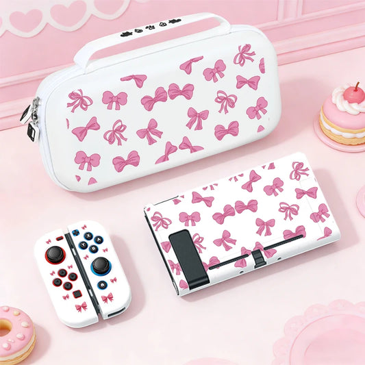 This image is displaying the Cute Pink Bows Switch Case, this is the white edition, shown on a pink background and surface.