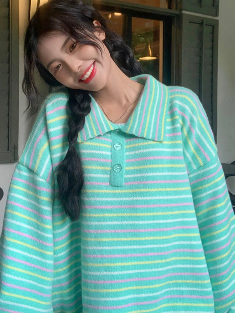 Kawaii Collared Rainbow Striped Sweater