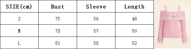 Kawaii Off Shoulder Knit Top Size Chart
