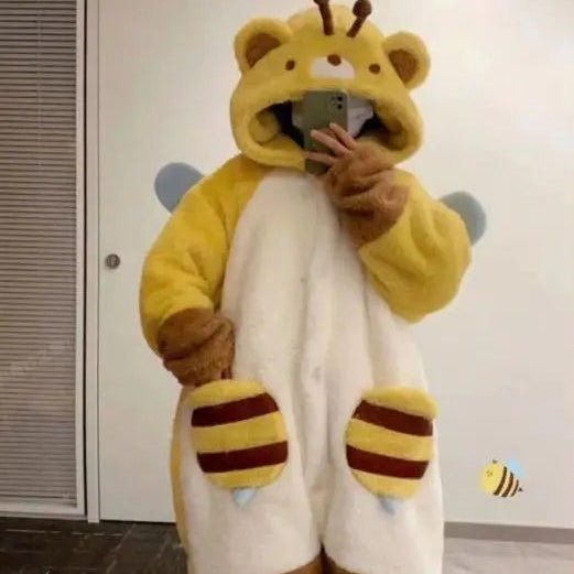 Waving Hand in Kawaii Honey Bee Bear Fleece Pajamas