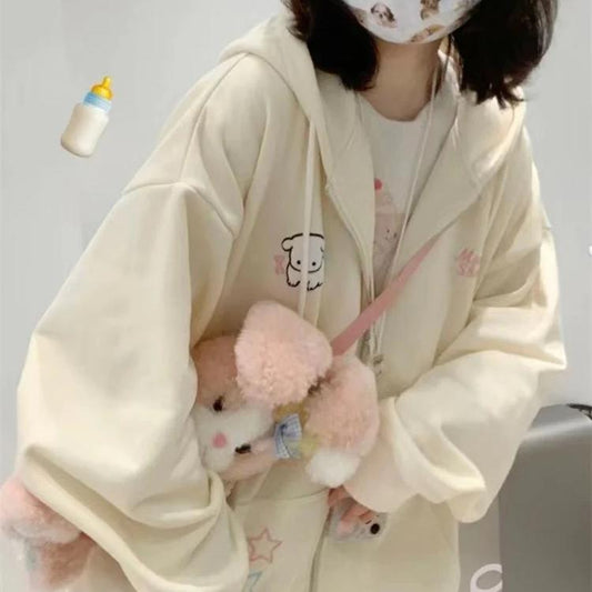 Kawaii Fleece Zip Up Hoodie in Beige