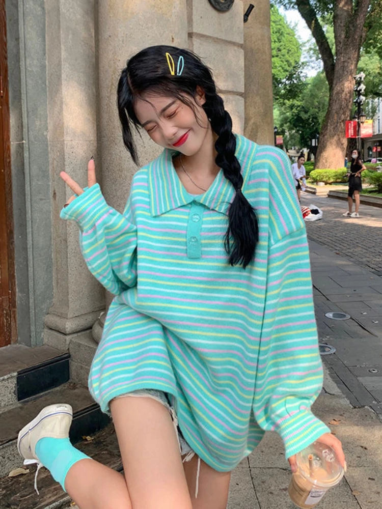 Kawaii Collared Rainbow Striped Sweater