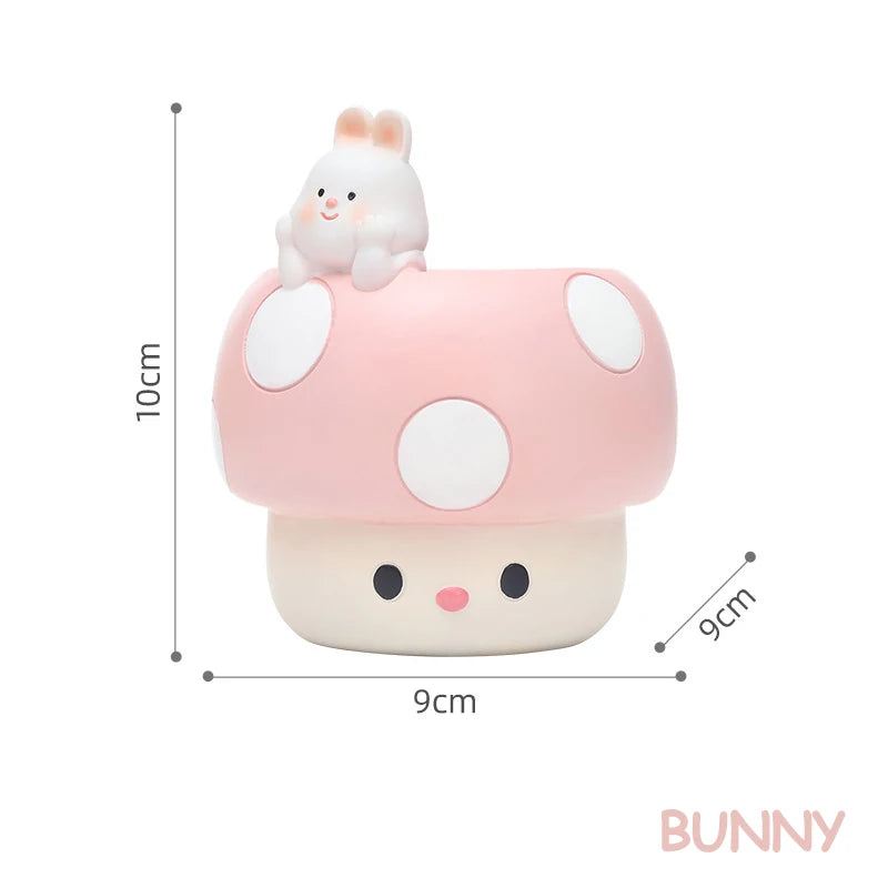 pink mushroom top planter with bunny figurine and measurements