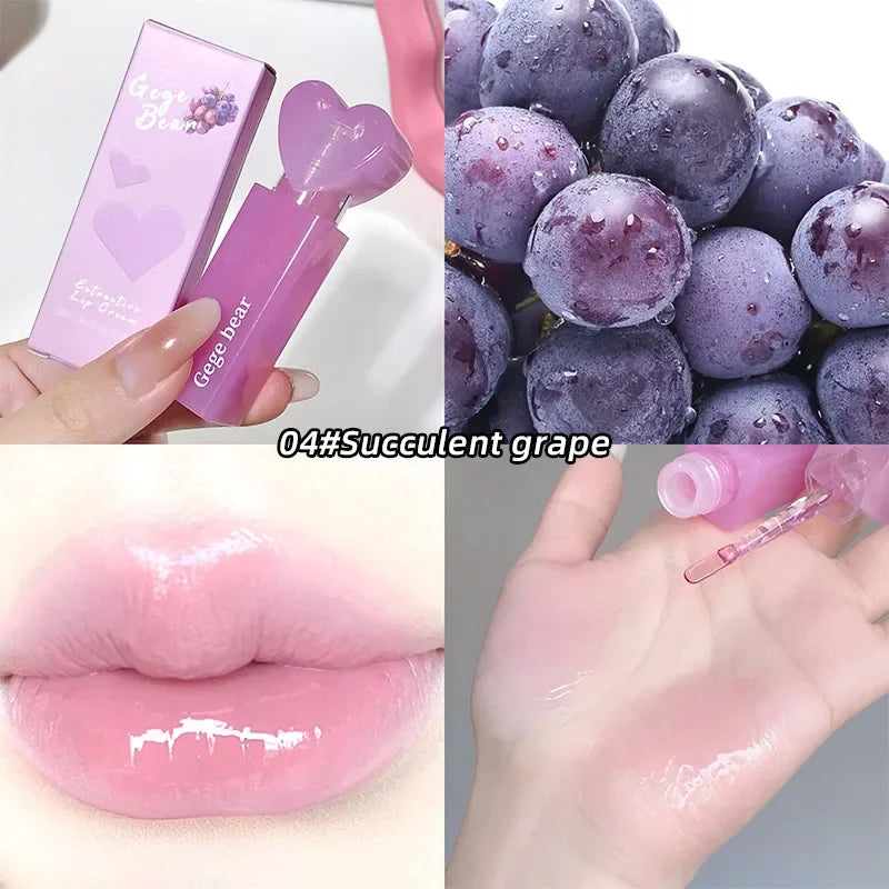 Collage of a pink lip gloss with heart design, grapes, lips, and hand with gloss application.