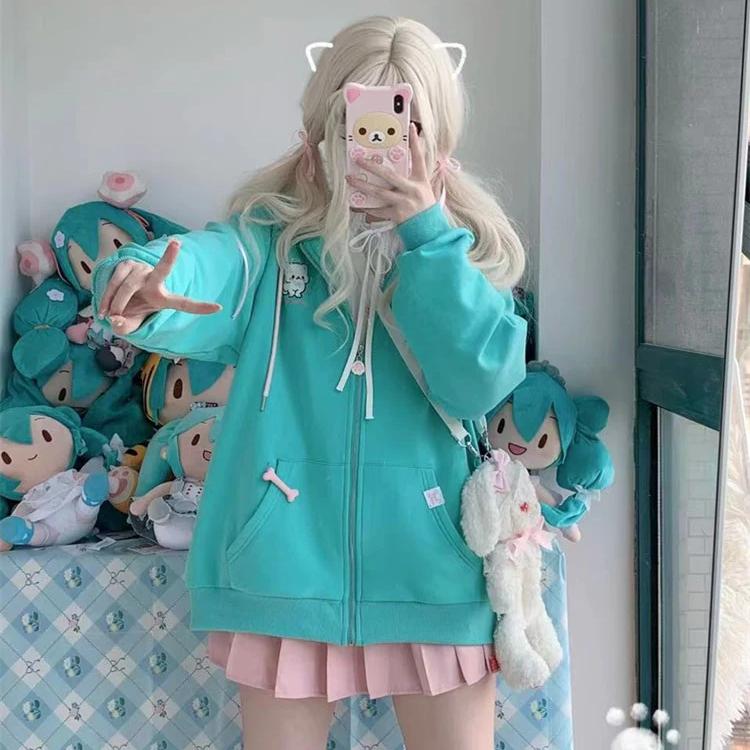 Model wearing Turquoise Angel Cat Hoodie