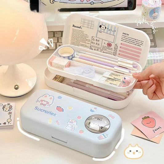 Cute stationery case with stationery items on a desk