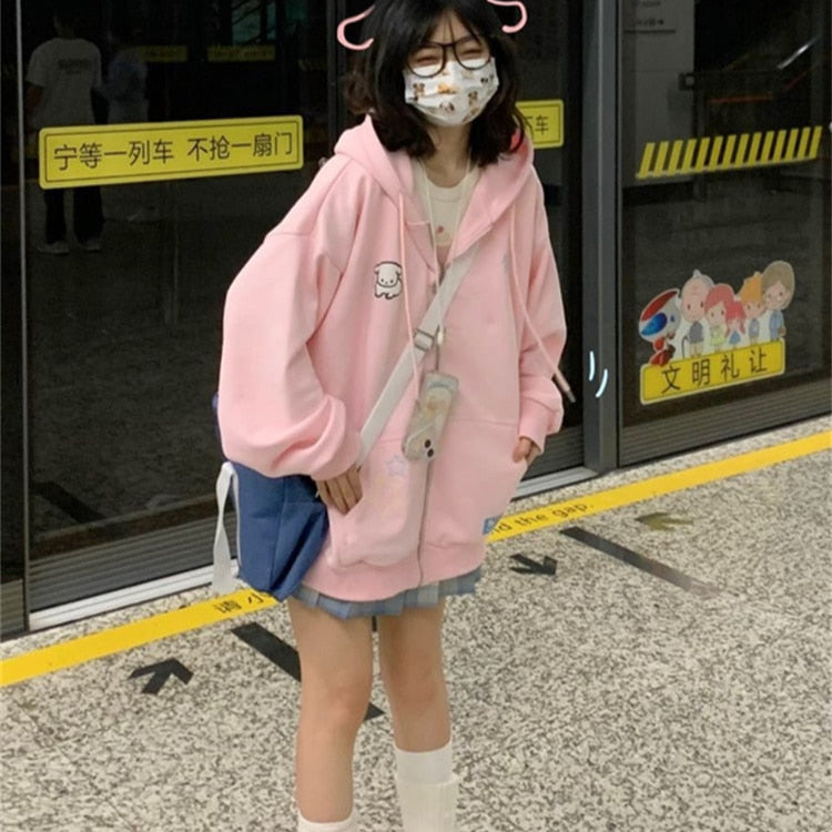 Kawaii Fleece Zip Up Hoodie in Pink