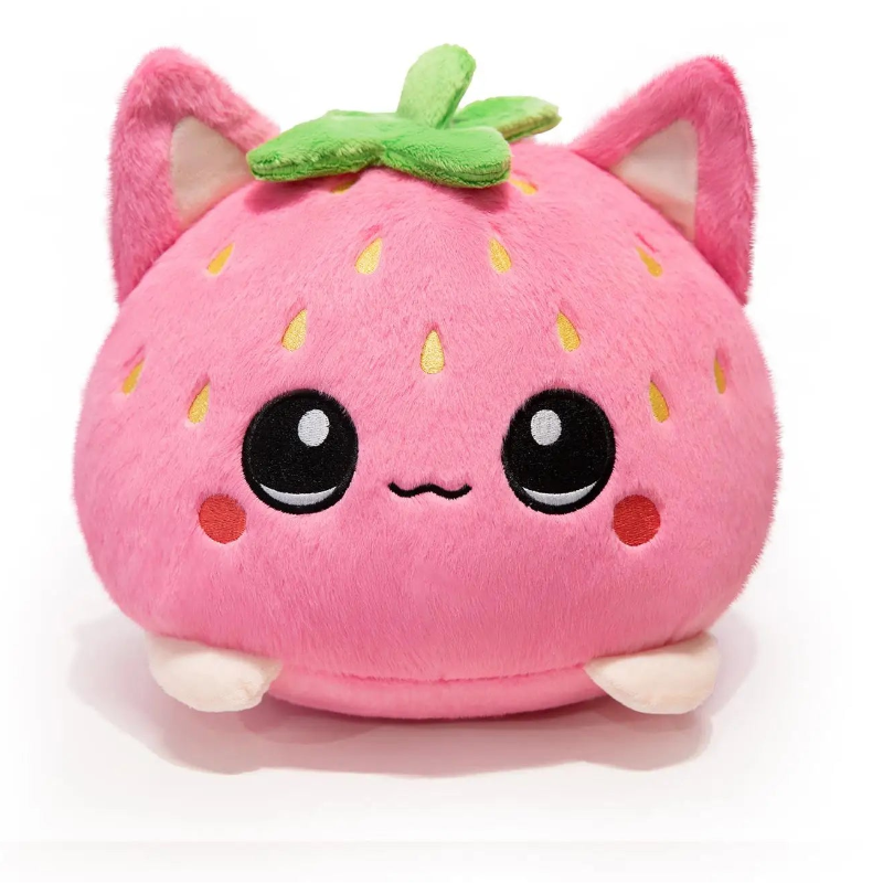 Front view Kawaii Strawberry Cat Plushie on a countertop