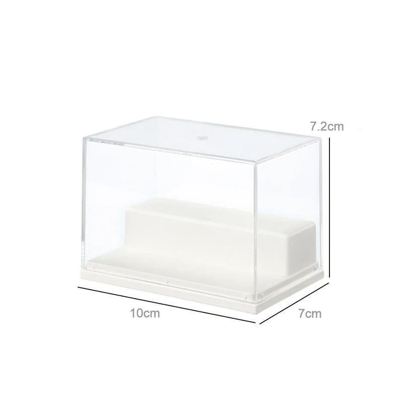 A clear acrylic display case with a white interior shelf, shown with dimension labels indicating 10cm width, 7cm depth, and 7.2cm height on a white background.