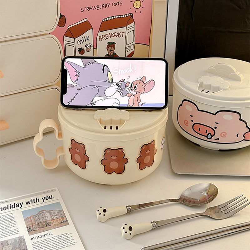 Cute Teddy Bear Ramen Bown With Lid