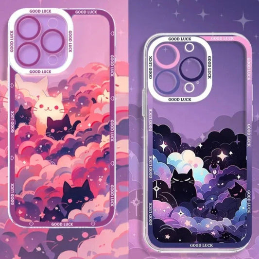 Two Kawaii phone case designs with cats and clouds on a purple background