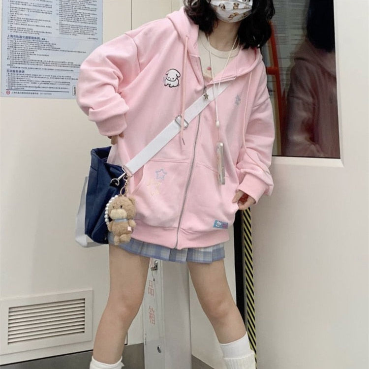 Kawaii Fleece Zip Up Hoodie in Pink