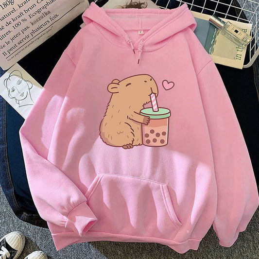 Kawaii Pink Capybara Loves Boba Tea Hoodie