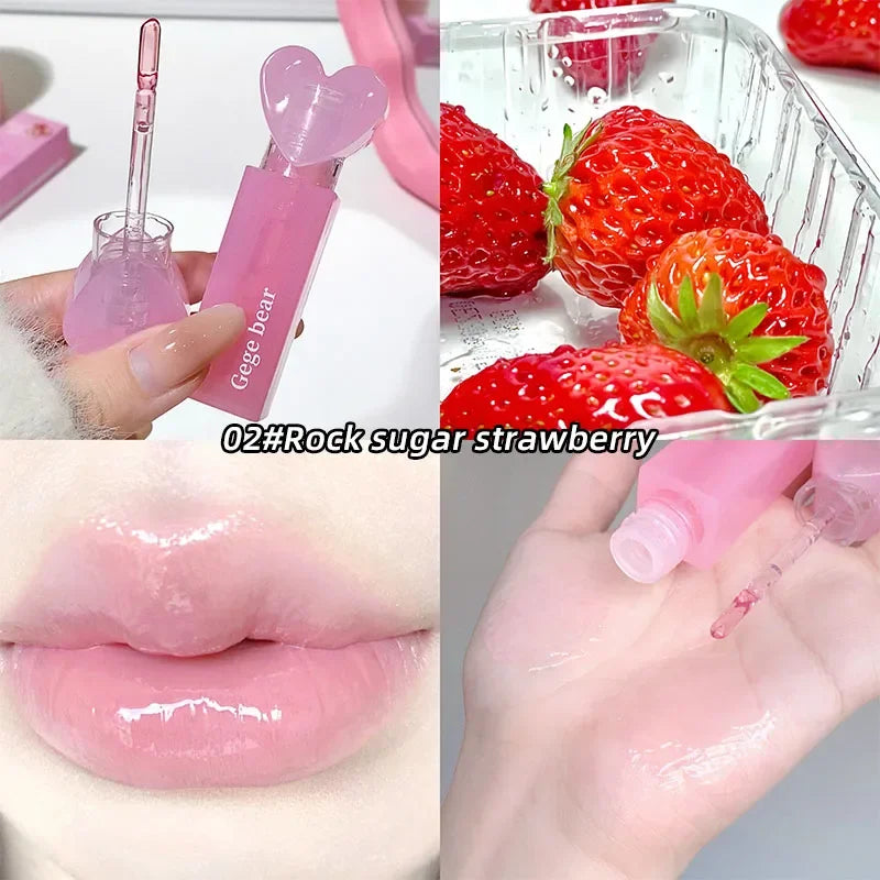 Collage of a pink lip balm, strawberries, and glossy lips.