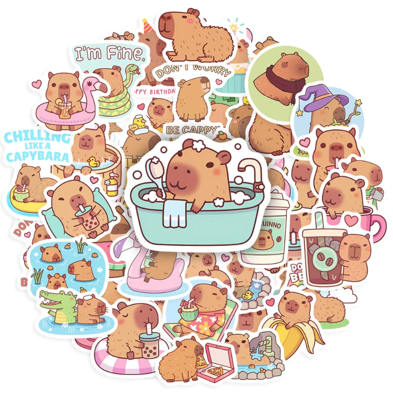 Collection of cute capybara illustrations with various poses and activities on a white background.