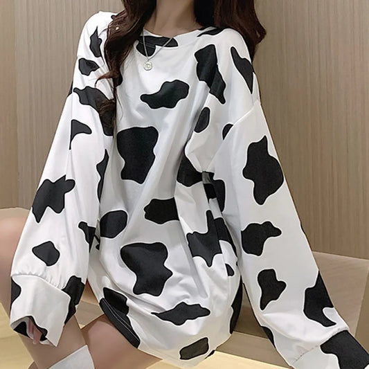 Kawaii Long Sleeve Loose Cow Print Top