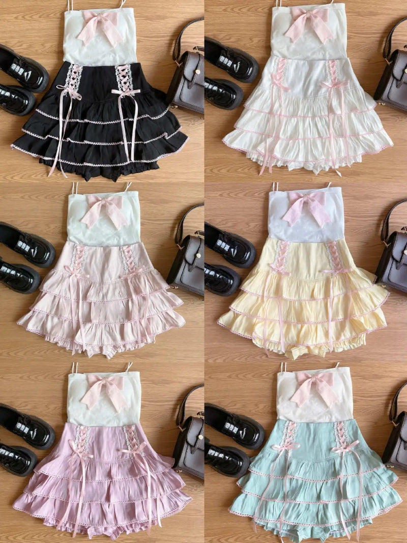 Six ruffled dresses arranged in a 2x3 grid on a wooden surface, each paired with a black handbag. The dresses come in color combinations of black, white, pink, yellow, lavender, and mint green, all featuring a pale green bodice with a pink bow and lace-up details.