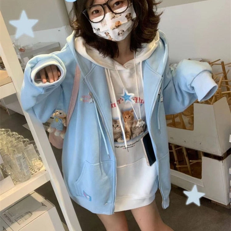Kawaii Fleece Zip Up Hoodie in Blue