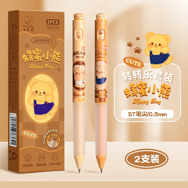 Two cartoon-themed pens with packaging on a beige background