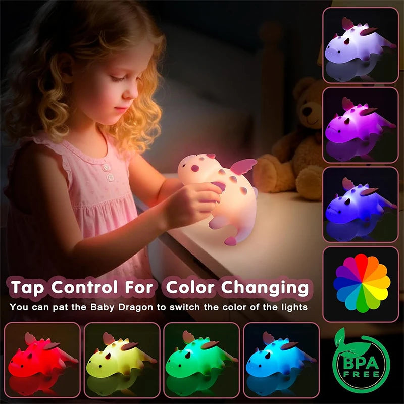 Child playing with a color-changing dragon night light, surrounded by images of different color options.