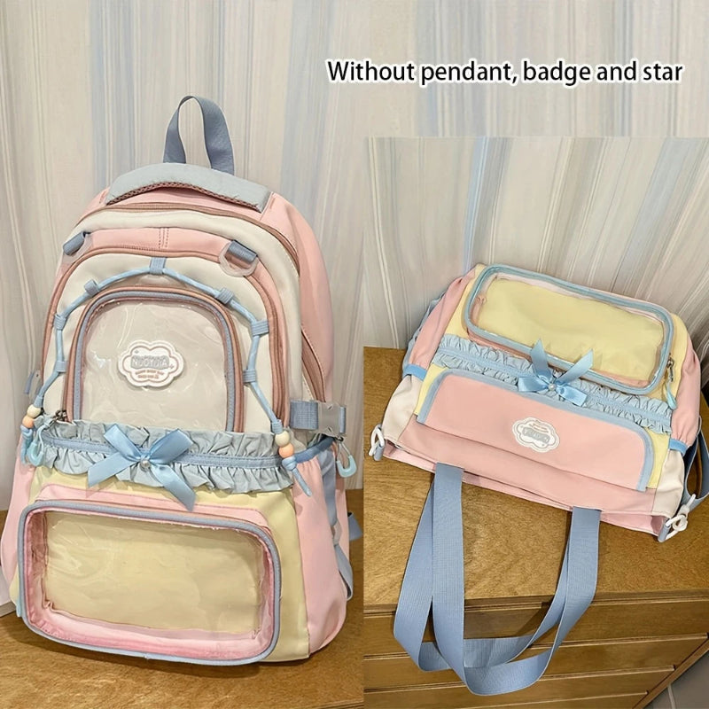 A backpack and a tote b ag on a wooden surface.
