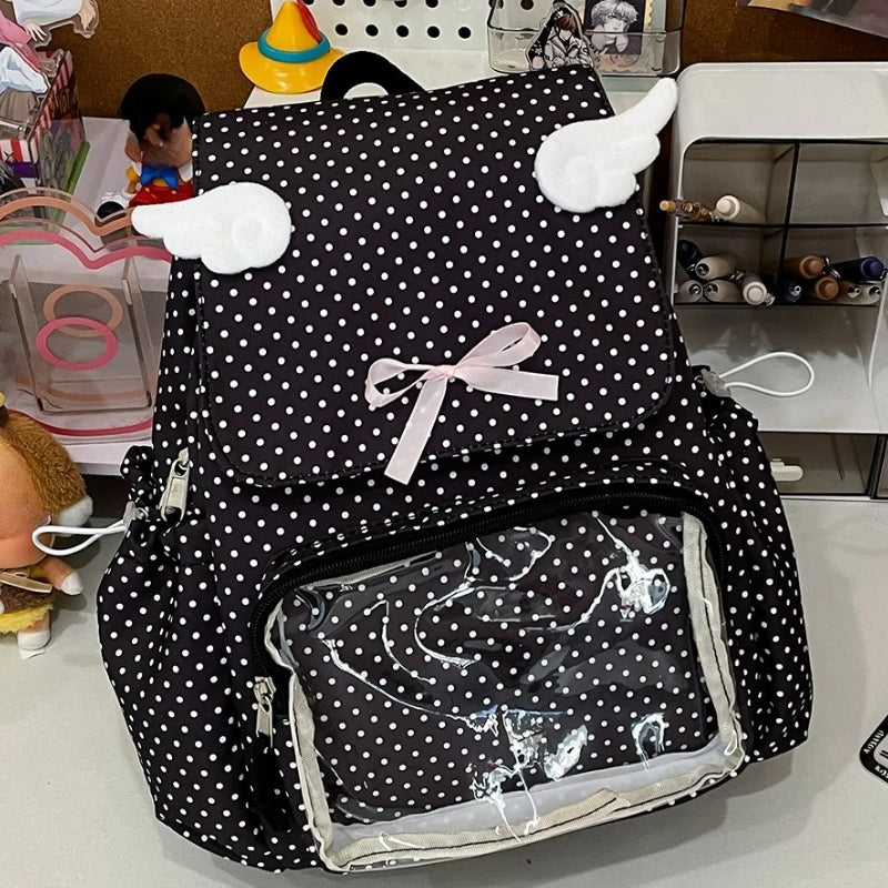 Kawaii Polka Dot Backpack front view in black