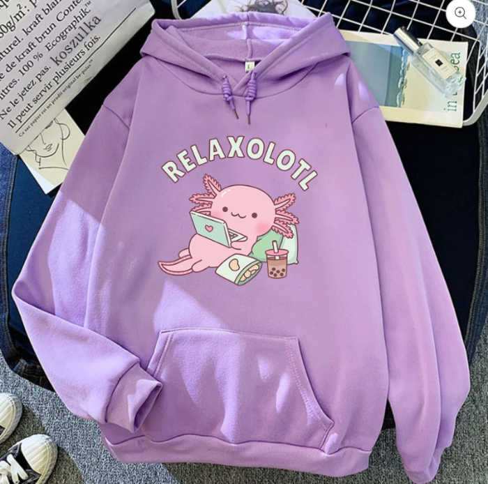 Purple hoodie with cute axolotl design and text that reads "Relaxolotl".