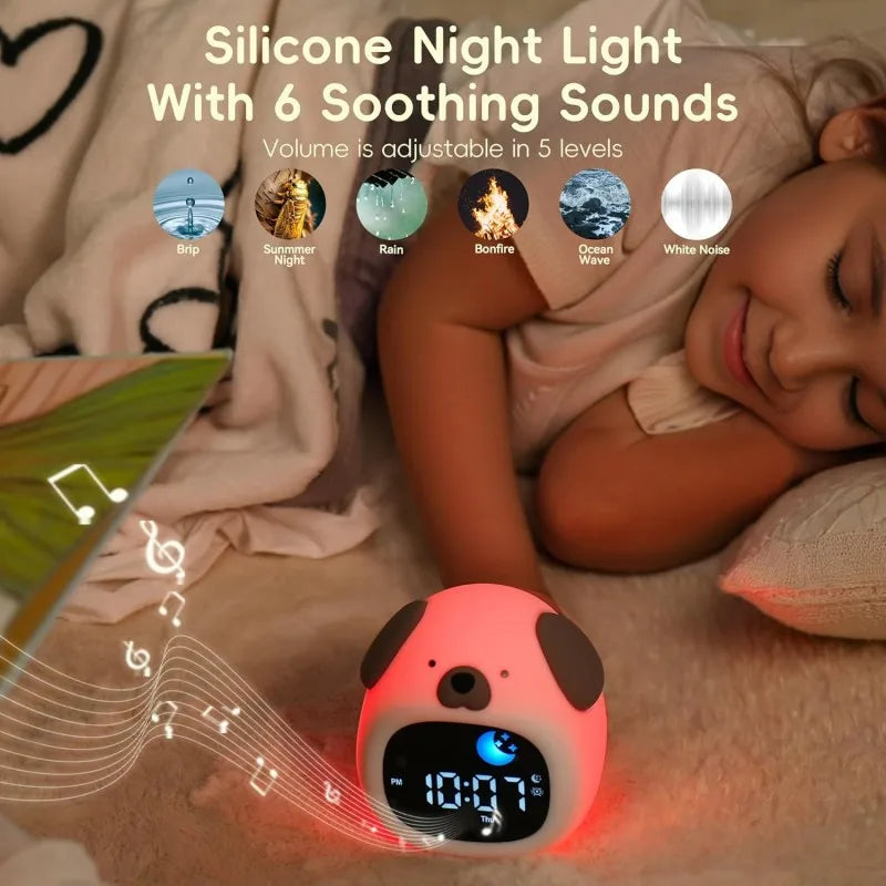 Front view of Kawaii Cute Puppy Night Light Alarm Clock in red showcasing the silicone night light soothing sounds