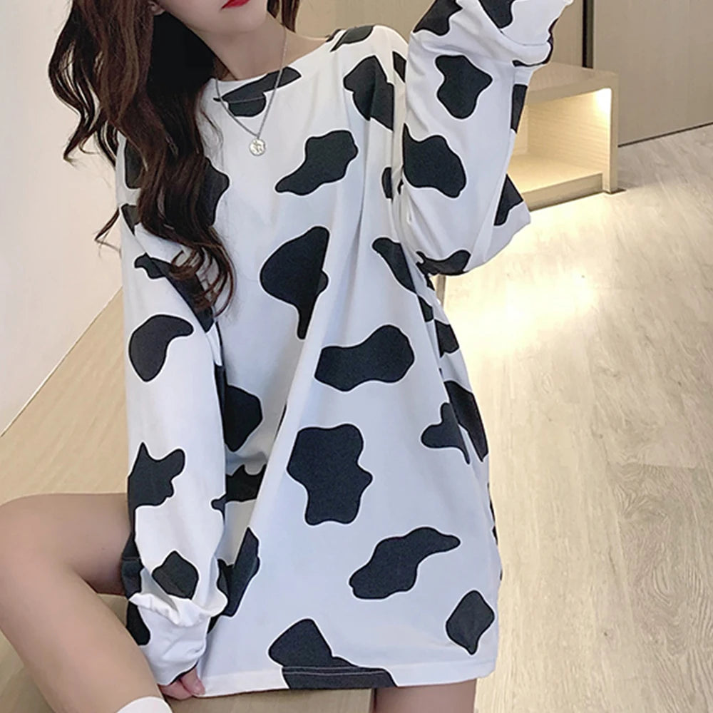 Kawaii Long Sleeve Loose Cow Print Top