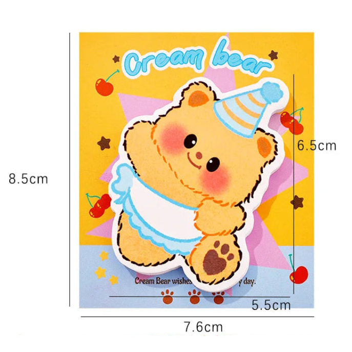 this image is showing one of the designs in the 4pcs Creamy Bear Sticky Notes 4 , it is also showing the size of them on a white background.