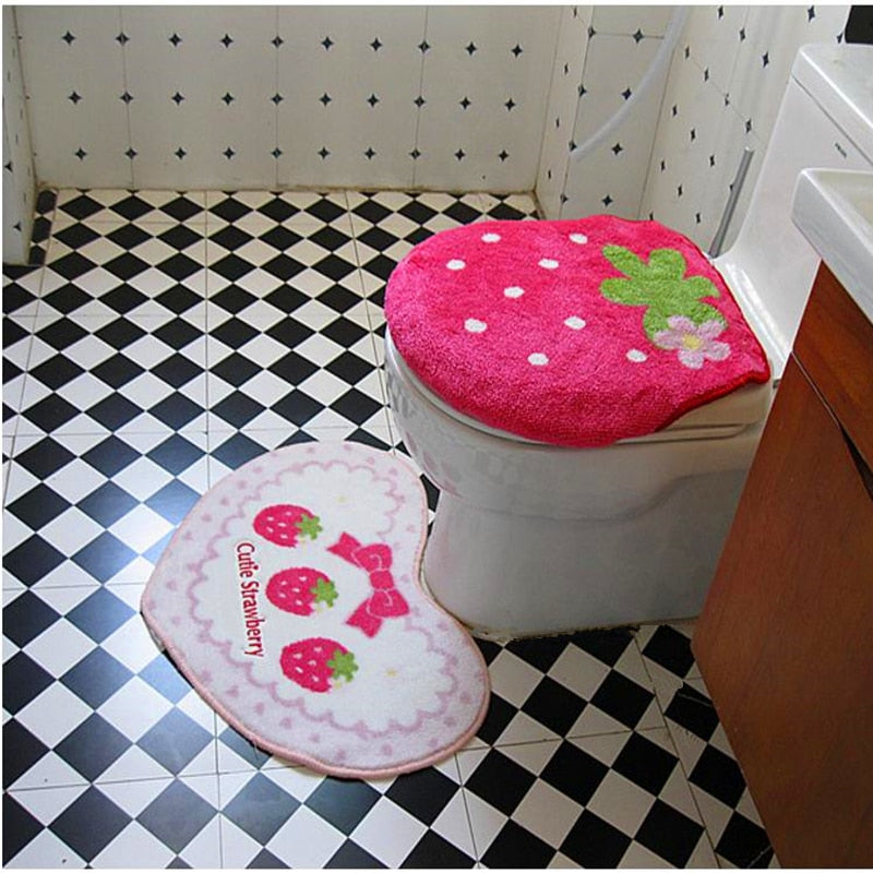 Kawaii Strawberry Bathroom Decor Rugs