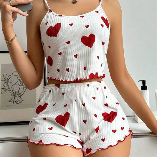 Kawaii Sweet Heart Pajama Top & Shorts set red front view