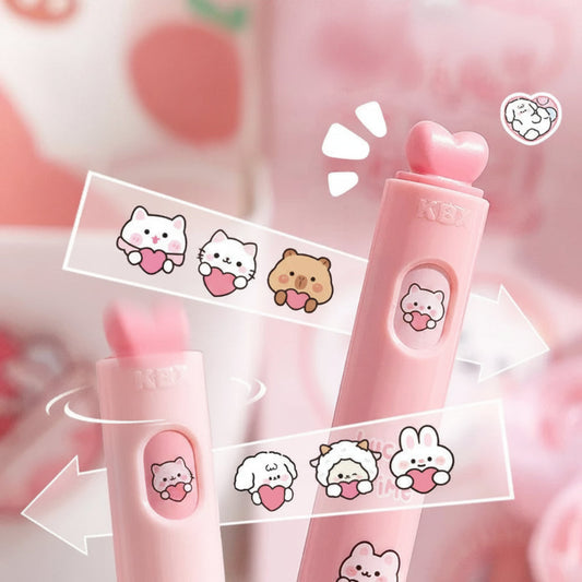 Pink pens with kawaii character designs on a pink background