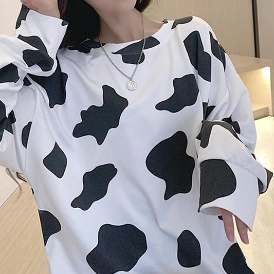 Kawaii Long Sleeve Loose Cow Print Top