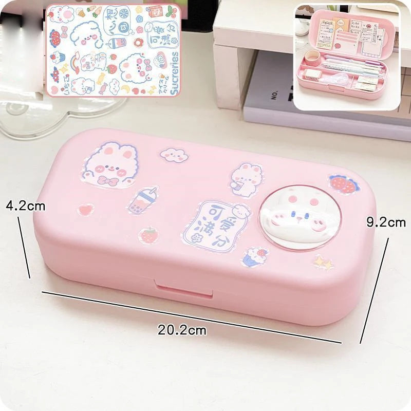 Pink cartoon-themed case with measurements on a white background