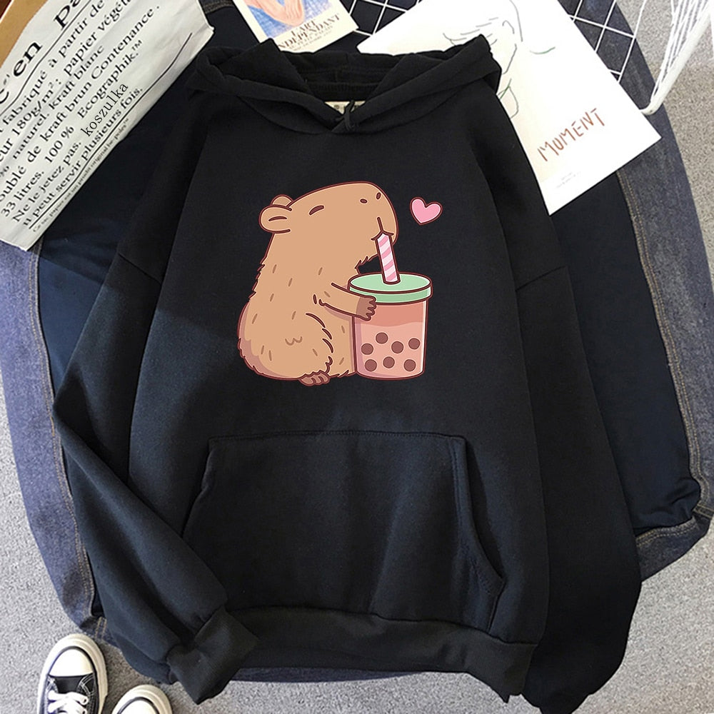 Kawaii Black Capybara Loves Boba Tea Hoodie