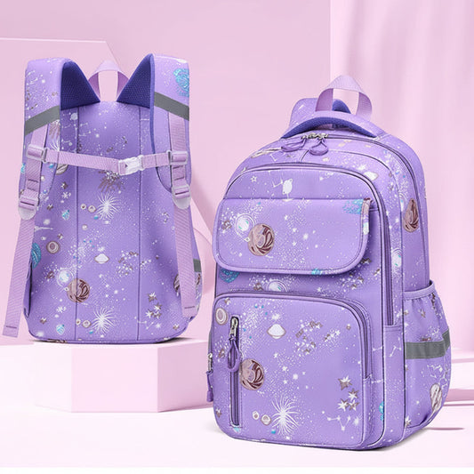 Purple backpack with star and moon pattern on a light purple background